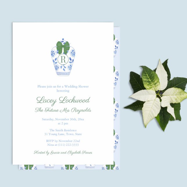 God jul, Monogram Framtiden, fru Möhippa Inbjudningar (Blue And White Ginger Jar With Green Bow Future Mrs Holidays  Bridal Shower Party Invitation)