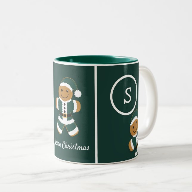 God jul Monogram Gingerbröd Santa Grönt Två-Tonad Mugg (Framsida höger)