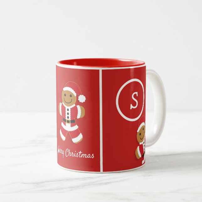 God jul Monogram Gingerbröd Santa Red Två-Tonad Mugg (Framsida höger)