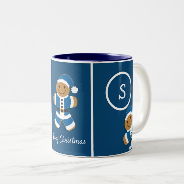 God jul Monogram Gingertea Santa Blue Två-Tonad Mugg (Framsida höger)