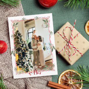 God jul Monogram Holly Berry Photo Julkort