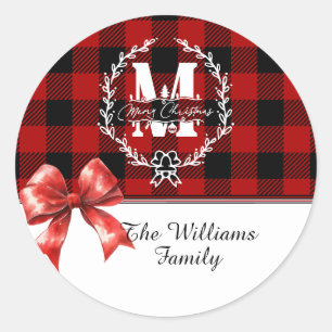 God Jul Monogram Krans Buffalo Plaid Runt Klistermärke