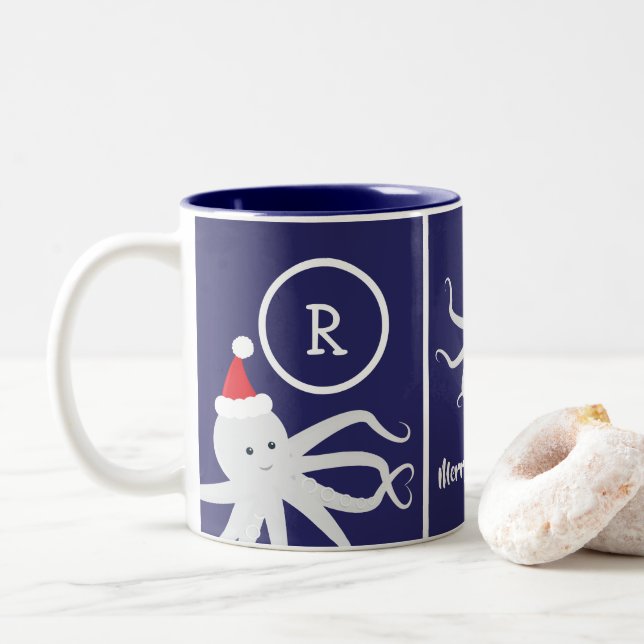 god jul Monogram Octopus Santa Hat Blue Två-Tonad Mugg (Med munk)