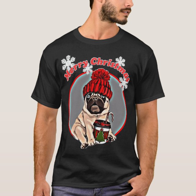 God Jul Mops Hund  T Shirt (Framsida)