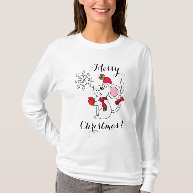 God jul Mouse Eating Snowflake T Shirt (Framsida)