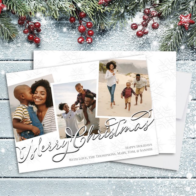 God jul Multi Photo Calligraphy-skript Julkort (Merry Christmas silver gradient calligraphy script. )