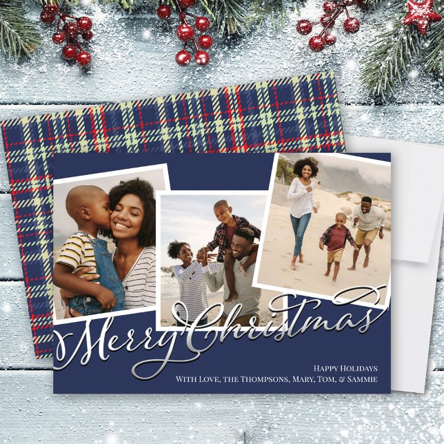 God jul Multi Photo Navy Blue Play Julkort (Merry Christmas Navy Blue Plaid Multi Photo Holiday Card)