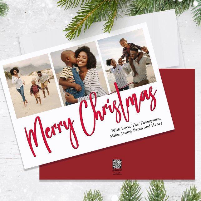 God jul Multi Photo Red Calligraphy-skript Julkort (Merry Christmas holiday photo card with a calligraphy script and berry red design. )