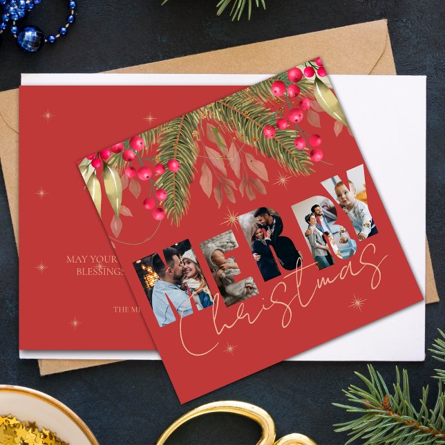 God jul Multi Photo Red Guld Helgdag Card (Merry Christmas Multi Photo Red Gold Holiday Card)