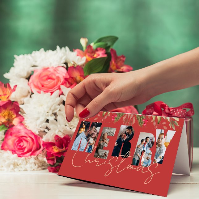 God jul Multi Photo Red Guld Helgdag Card Kort (Merry Christmas Multi Photo Red Gold Holiday Card)
