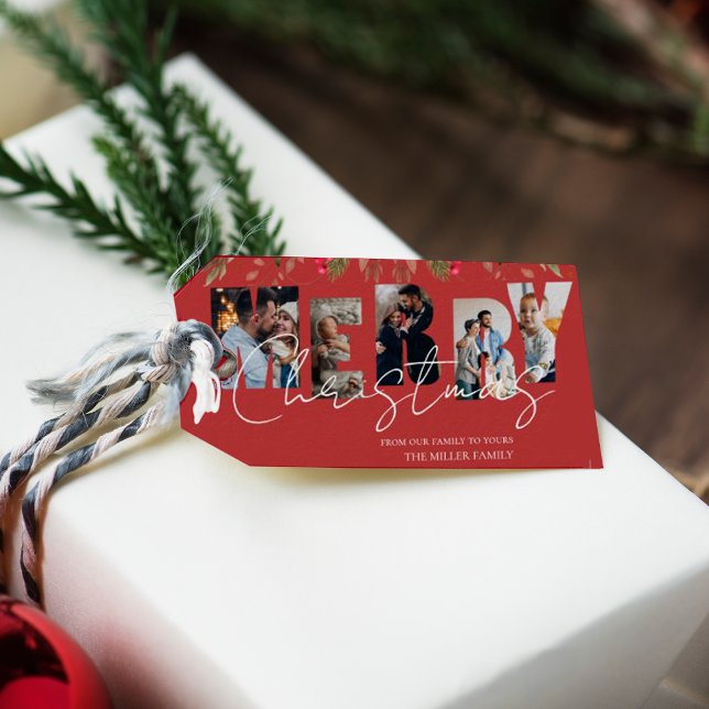 God jul Multi Photo Red Guld Helgdag Presentetikett (Merry Christmas Multi Photo Red Gold Holiday Gift Tags)