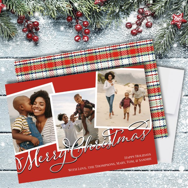 God jul Multi Photo Red-Helgdag Play Julkort (Merry Christmas Red and Green Plaid Calligraphy Script holiday photo card. )