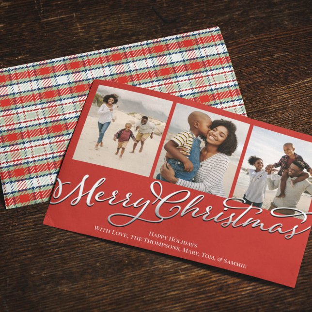 God jul Multi Photo Red-Helgdag Play Julkort (Merry Christmas Calligraphy red and green plaid multi photo greeting card)