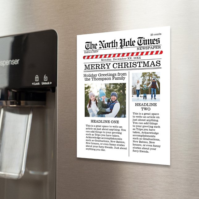 God jul Multi Photo Roligt North Pole New (Christmas photo magnetic card template with a newspaper print theme. )