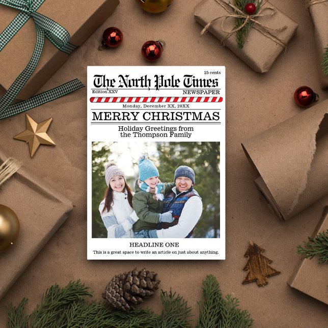 God jul Multi Photo Roligt North Pole News Julkort (Christmas whimsical cute photo card with a fun Newspaper Style.)