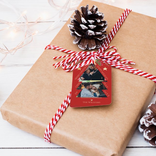 God jul Multi Photo Träd Red Helgdag Presentetikett (Merry Christmas Multi Photo Tree Red Holiday Gift Tags)