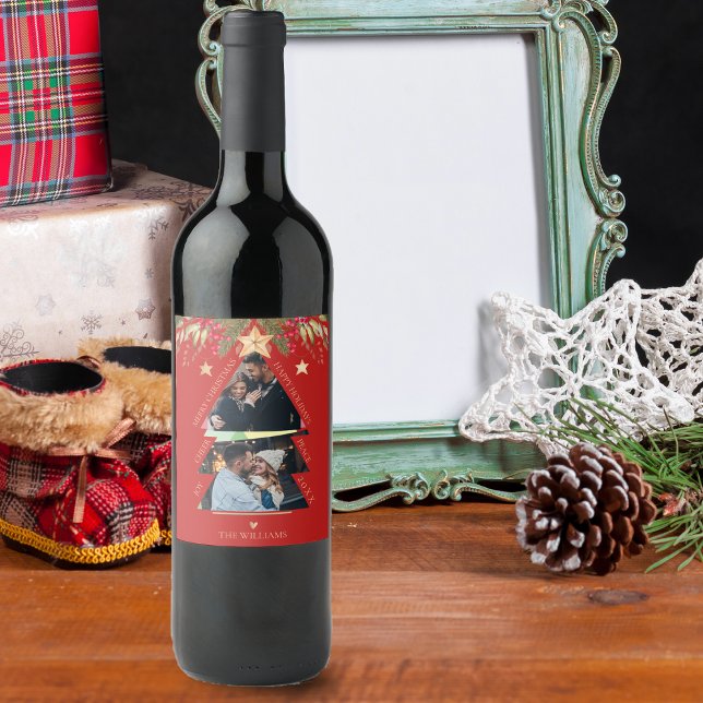 God jul Multi Photo Träd Red Helgdag Vinflaska Etikett (Merry Christmas Multi Photo Tree Red Holiday Wine Label)