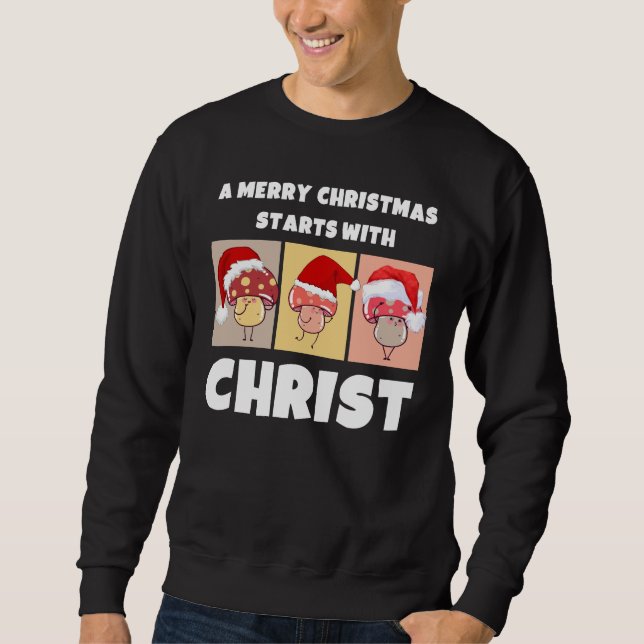 GOD JUL MUSHROOMS börjar med Kristus Lång Ärmad Tröja (Framsida)