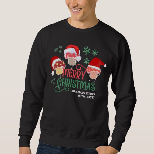 GOD JUL MUSHROOMS i Santa Hats Lång Ärmad Tröja (Framsida)