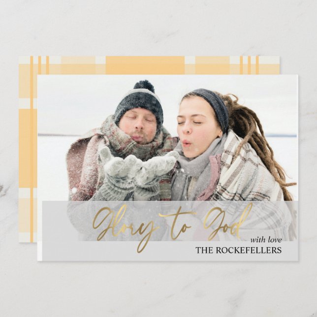 God Jul Mustard Tartan Photo Julkort (Fram/baksida)