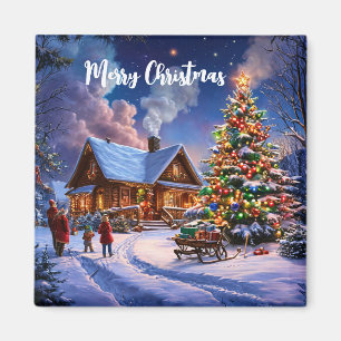 God Jul Mysig Snöig Stuga i Skogen Magnet