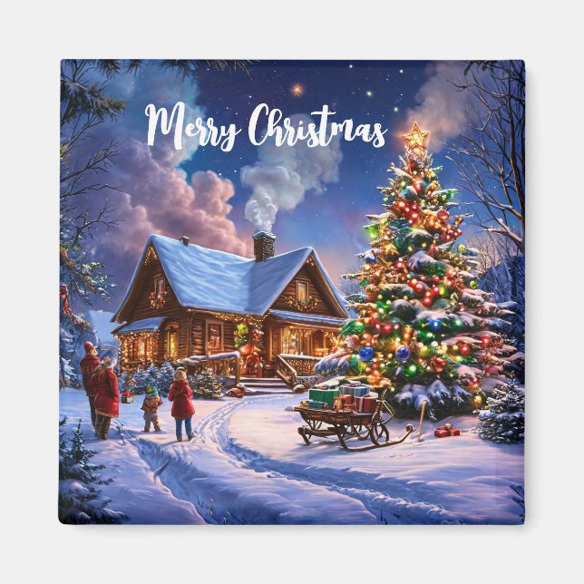 God Jul Mysig Snöig Stuga i Skogen Magnet (Framsidan)