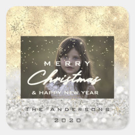 God jul Namn Guld Snö Glitter fotfoto Grått Fyrkantigt Klistermärke
