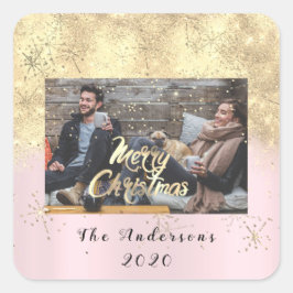 God jul Namn Guld Stars Glitter Fotfoto Rosa i Fyrkantigt Klistermärke