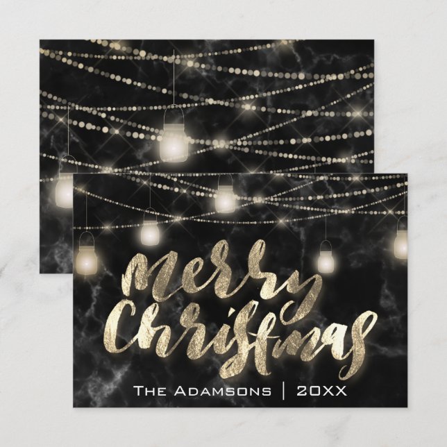 God jul Namn Ljus Marble Black Guld Inbjudningar (Fram/baksida)