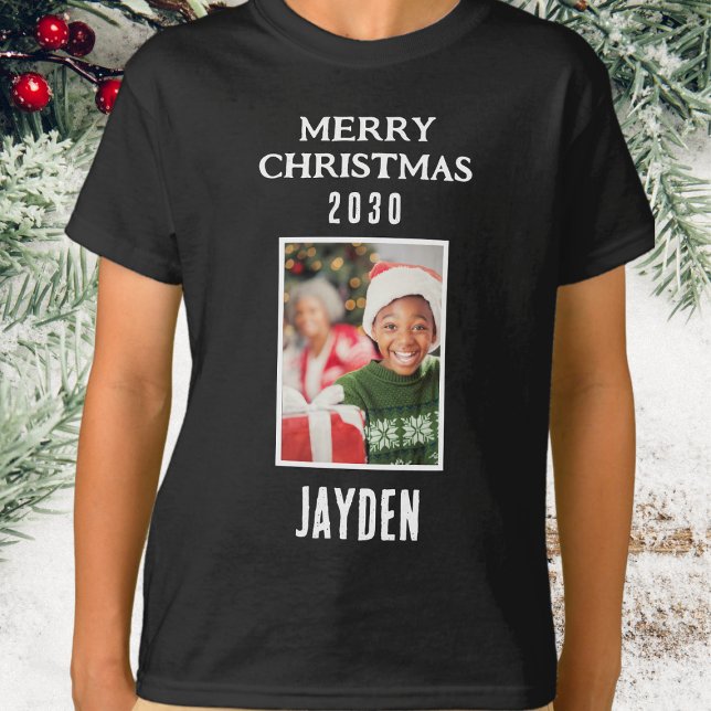 God jul Namn och Photo Boys Black T Shirt (Merry Christmas - Boys Photo Black T.Shirt)