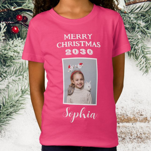 God jul Namn och Photo Girls Rosa T Shirt (Christmas Photo - Girls Dark Pink T.Shirt)