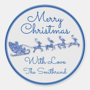 God jul Namn Sleigh Santa Hjort Blue Grått Runt Klistermärke