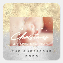God jul Namn Stars Glitter fotfoto Grått Guld Fyrkantigt Klistermärke
