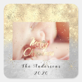 God jul Namn Stars Glitter fotfoto Grått Guld Fyrkantigt Klistermärke