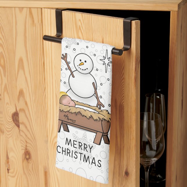 God jul Nativitet Baby Jesus Snögubbe Kökshandduk (Thirds Fold)