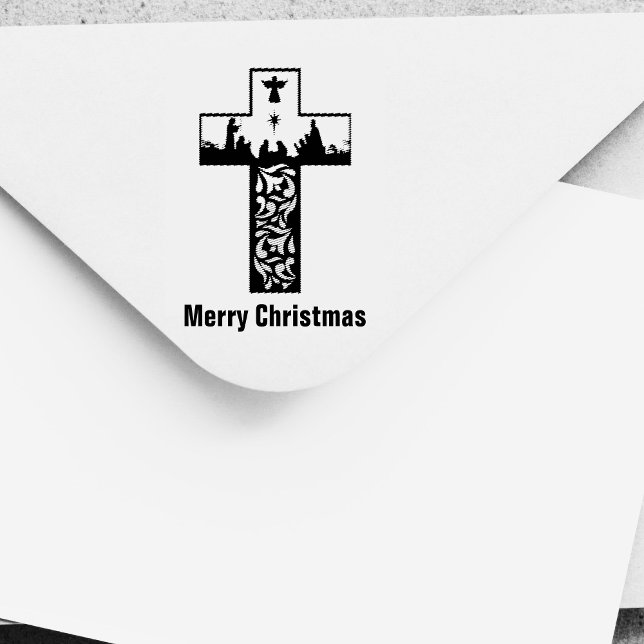 God jul Nativitet Kor Silhouette Självfärgande Stämpel (Merry Christmas Nativity Cross Silhouette Self-inking Stamp)