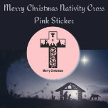 God jul Nativitets Kor Rosa Runt Klistermärke<br><div class="desc">En vacker lekplats i det kristna kor som säger God jul. Med Joseph och Mary och baby Jesus i en manger med Betlehem & ängel ovanför. Trendigets rosa med silhuett och svart typografi. #Jul #nativitet #rosa #kor #Jesus</div>