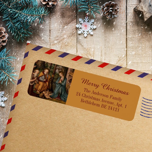 God jul Nativitetscen kristen katolik Returadress Etikett (Merry Christmas Classic Vintage Nativity Scene Religious Christian Catholic Return Address Label)