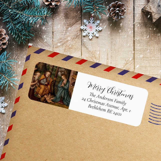 God jul Nativitetsklassisk Religiösa, Helgdag Returadress Etikett (Merry Christmas Nativity Scene Religious Painting Classic Christian Catholic Holiday Return Label)