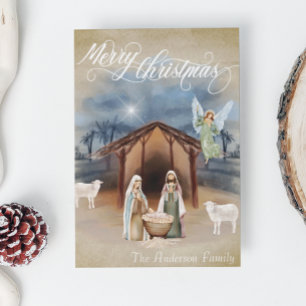 God Jul Nativity Krypgrindsscen Vattenfärg Julkort