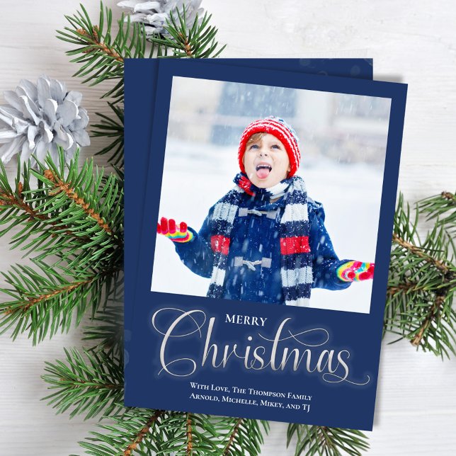 God jul Navy Blue One Photo Script Julkort (Merry Christmas holiday navy blue photo card. )