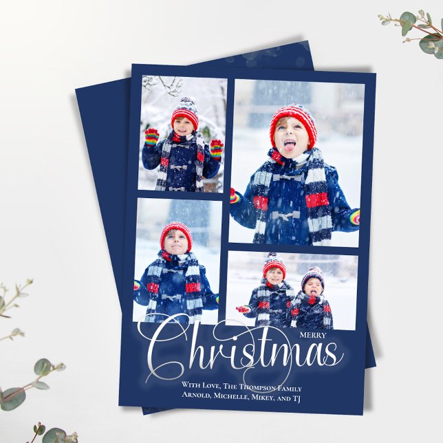 God jul Navy Blue Photo Collage Julkort (Navy blue Christmas holiday photo card)