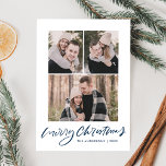God jul Navy Blue Script 3 Photo Collage Julkort<br><div class="desc">Skicka varmt helgdag önskemål till familj och vänner med ett enkelt helgdag-fotokort av Late Bloom Paperie! Det moderna julkortet innehåller 3 av dina favoritfoton med "God jul" som visas i ett marint handskript. Anpassa framsidan av fotokortet genom att lägga till ditt namn och år. Kortet återgår till en marin bakgrund...</div>