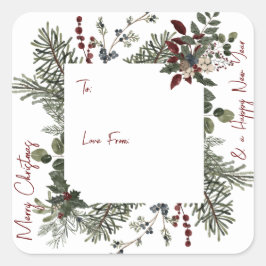 God jul Navy Watercolor Greenery Monogram Fyrkantigt Klistermärke