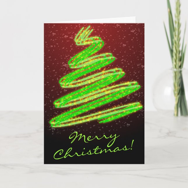 God jul Neon Grönt Träd med Snö Helgkort (Framsida)