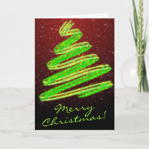 God jul Neon Grönt Träd med Snö Helgkort