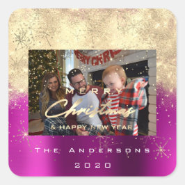 God jul New Faux Guld Glitter Photo Rosa Fyrkantigt Klistermärke