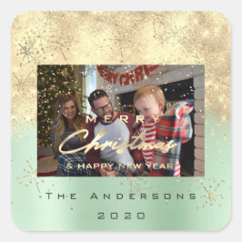 God jul New Sepia Guld Glitter Photo Mint Fyrkantigt Klistermärke