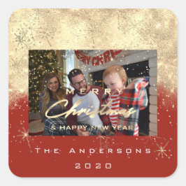 God jul New Sepia Guld Glitter Photo Red Fyrkantigt Klistermärke