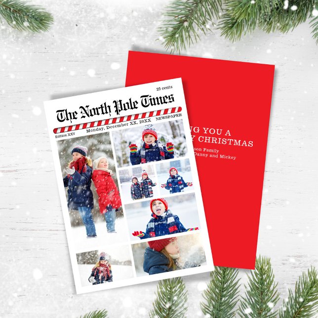 God jul Newspaper Multi Photo Julkort (The North Pole Times Multi photo holiday greeting card.)